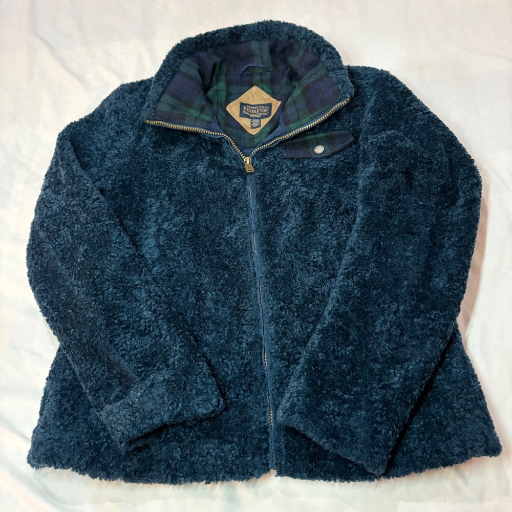 Pendleton Navy Teal Sherpa Fleece Plaid Trim Zip Jacket P1558 Small